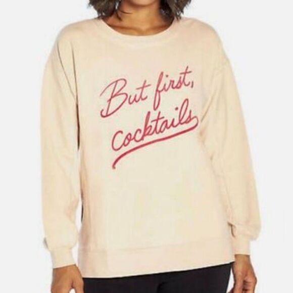 Wildfox Dusty Pink 'But First, Cocktails' Statement Crewneck Sweatshirt Size XL - Picture 1 of 7
